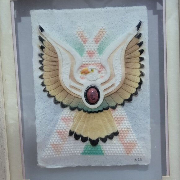 Framed Wall Art Southwest Tribal Eagle Oval Stone Matted Shadow Box Artist Signe - Picture 2 of 11